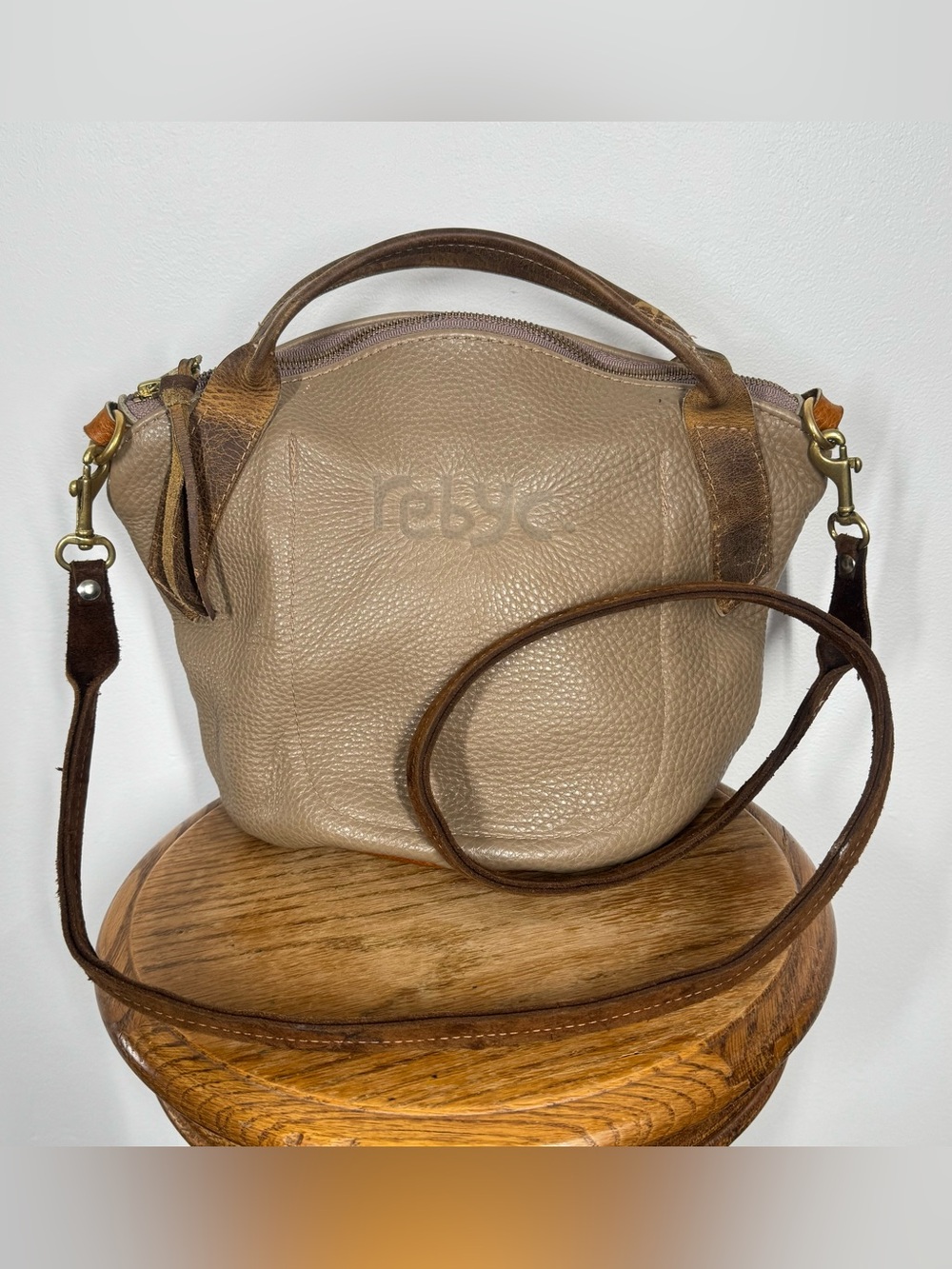 REBYC Beige Brown Crossbody Leather Handbag Distressed Boho Hobo Bag